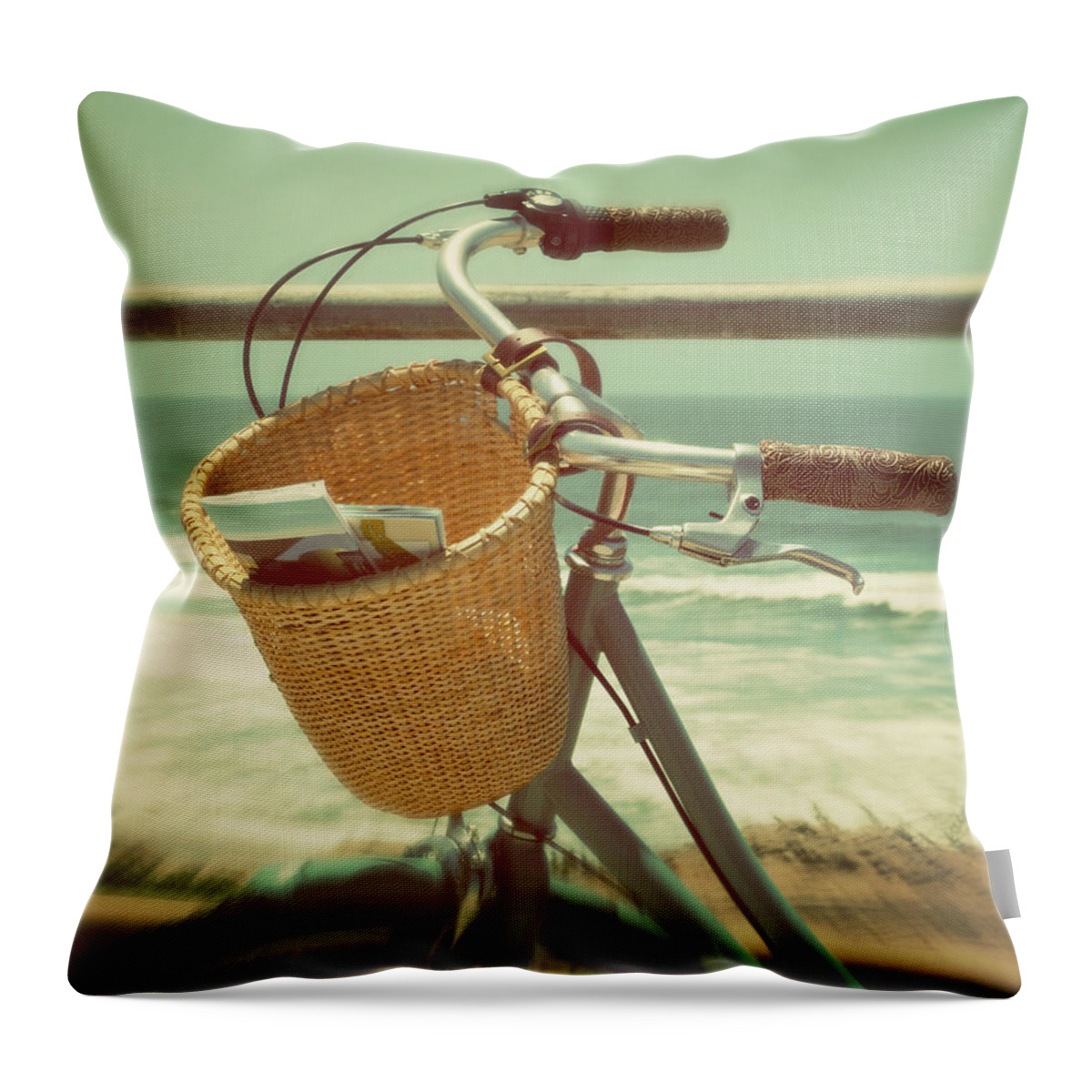 Tranquility Throw Pillow featuring the photograph Bike Overlooking Ocean by Suzanne Cummings