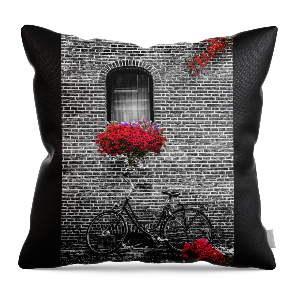 Barn Throw Pillow featuring the photograph Bike Under the Window in Black and White with Red Color Selected by Debra and Dave Vanderlaan