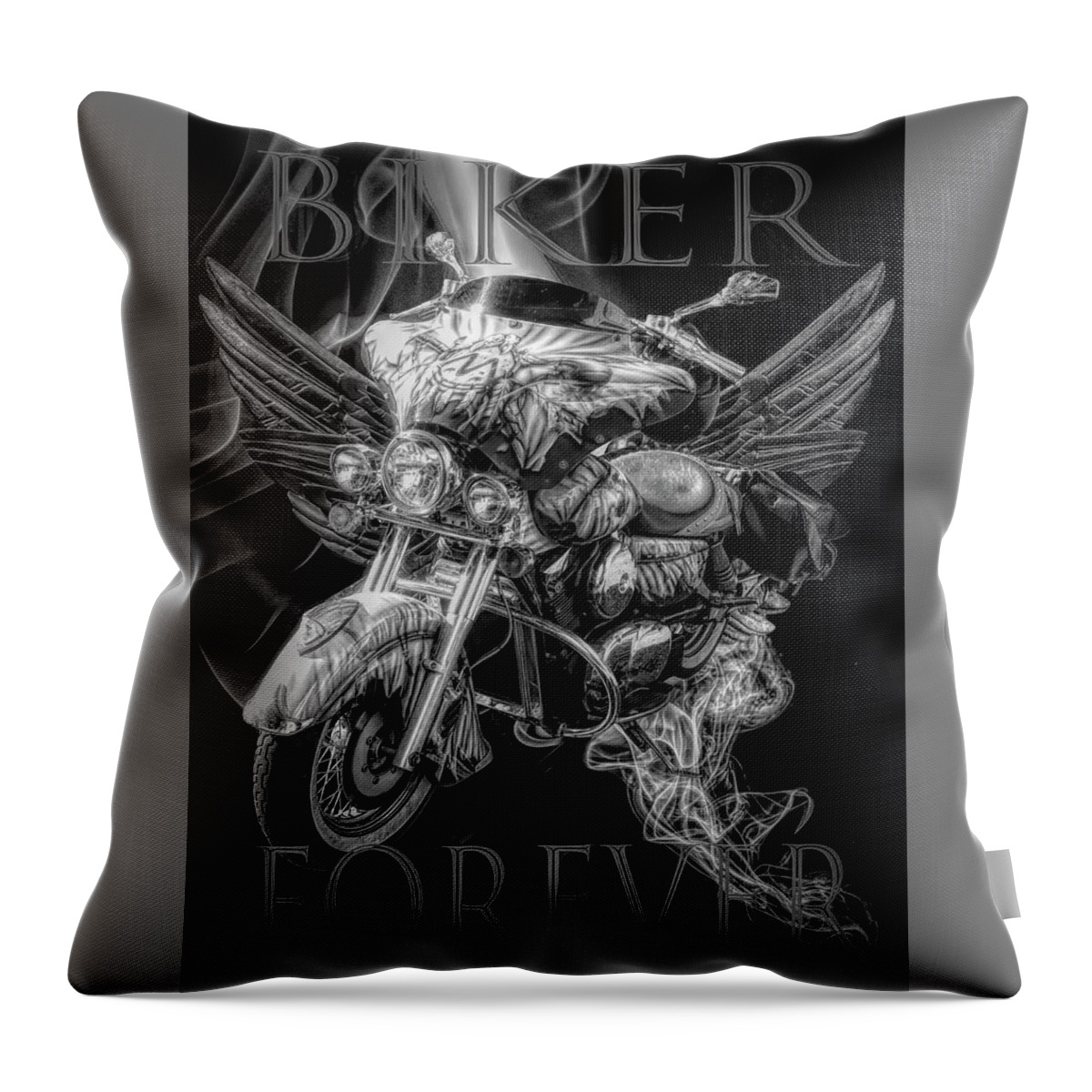 Indian Throw Pillow featuring the digital art Biker Forever in Black and White by Debra and Dave Vanderlaan