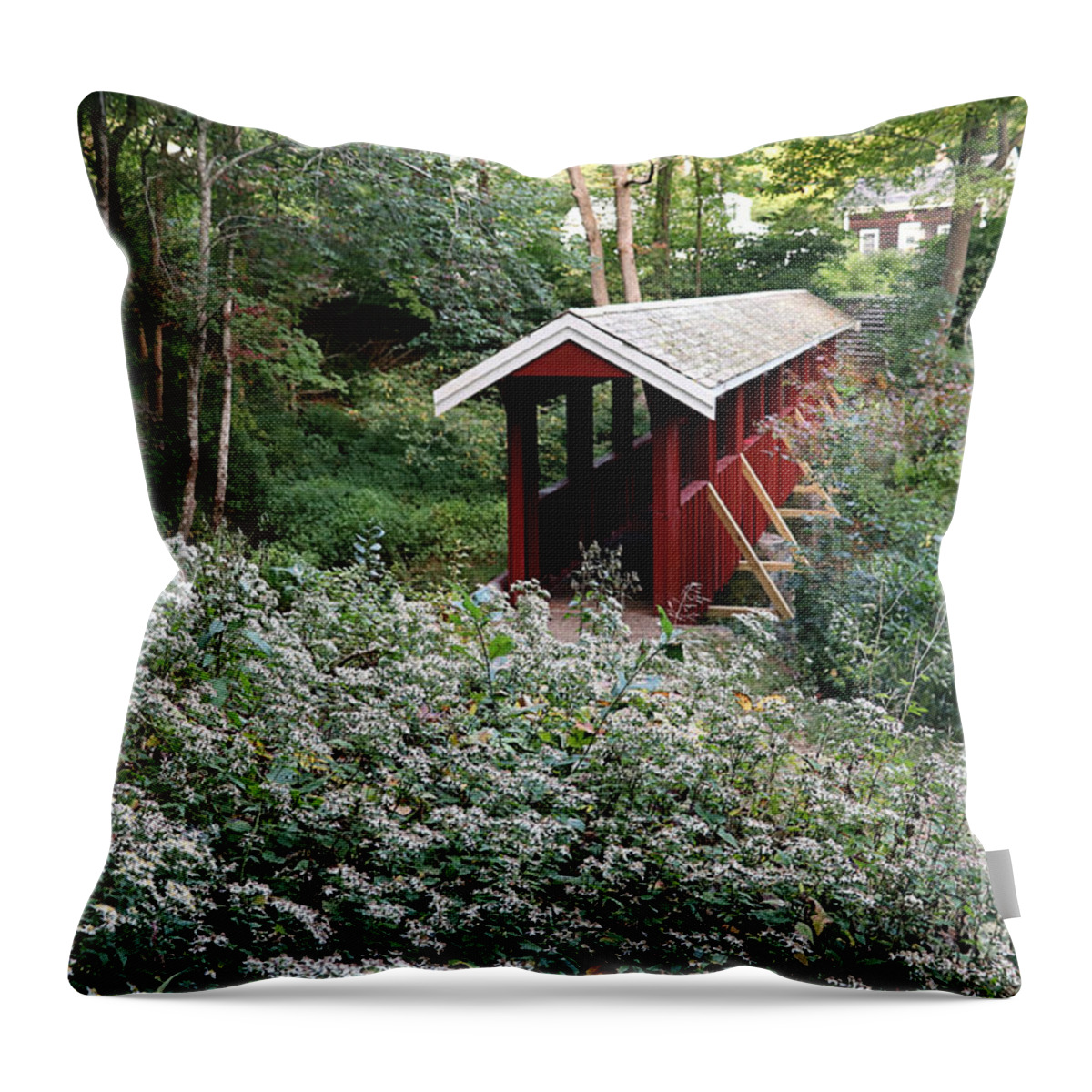 Covered Bridge Throw Pillow featuring the photograph Billington St Covered Bridge 2019 by Janice Drew