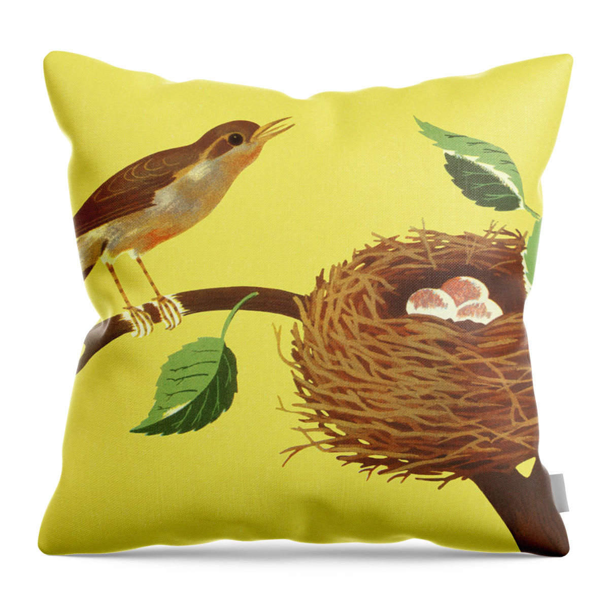 Animal Throw Pillow featuring the drawing Bird and Bird's Nest on a Branch by CSA Images