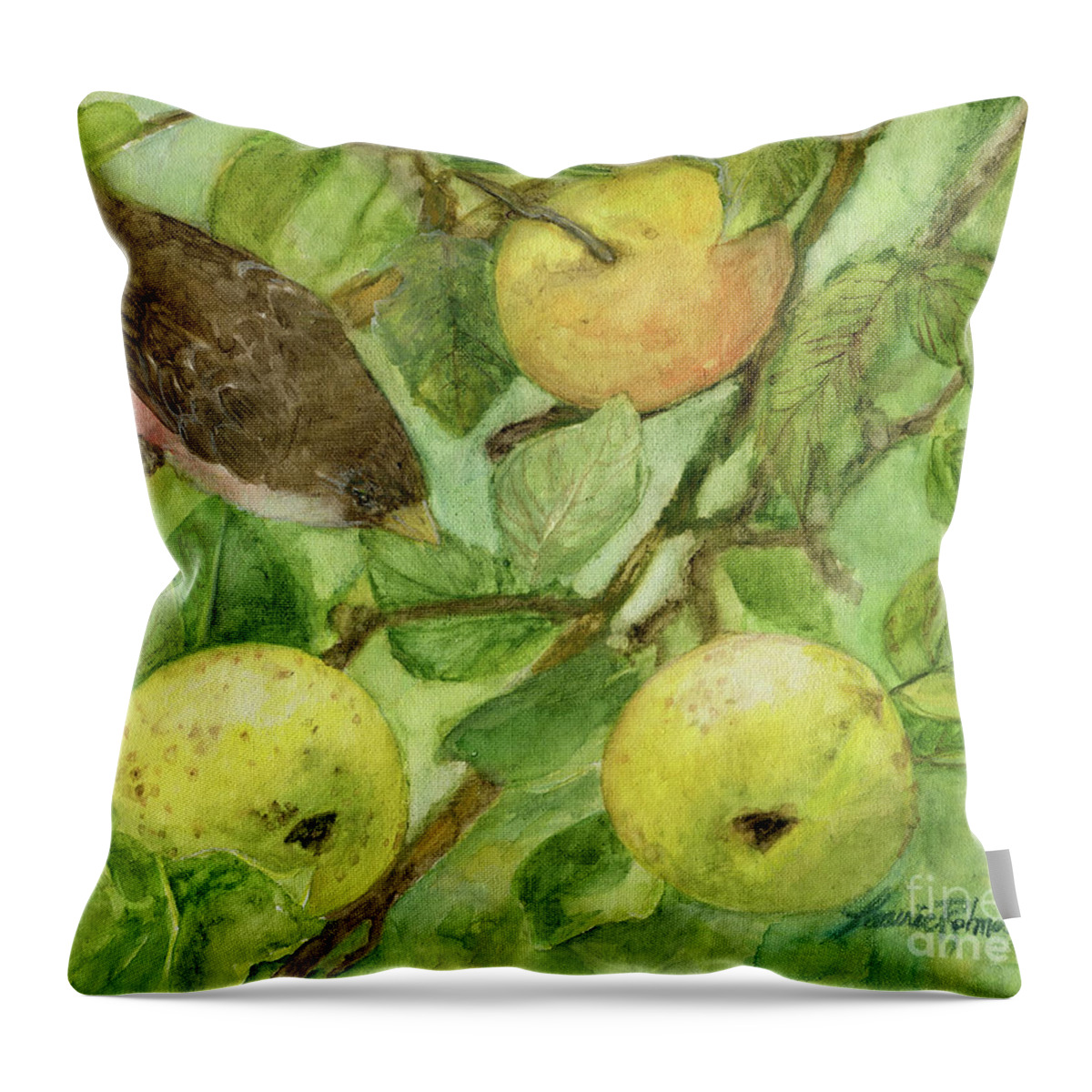 Bird Throw Pillow featuring the painting Bird and Golden Apples by Laurie Rohner