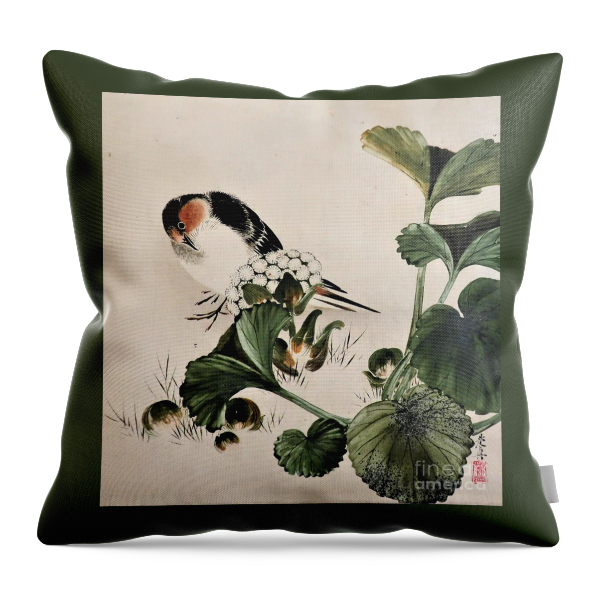 Uspd: Cco 1.0: Reproduction Throw Pillow featuring the painting Bird leafy plant by Thea Recuerdo