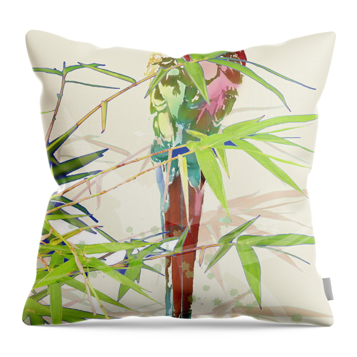 Tranquility Throw Pillow featuring the digital art Bird With Chinese Bamboo Leaves by Meg Takamura
