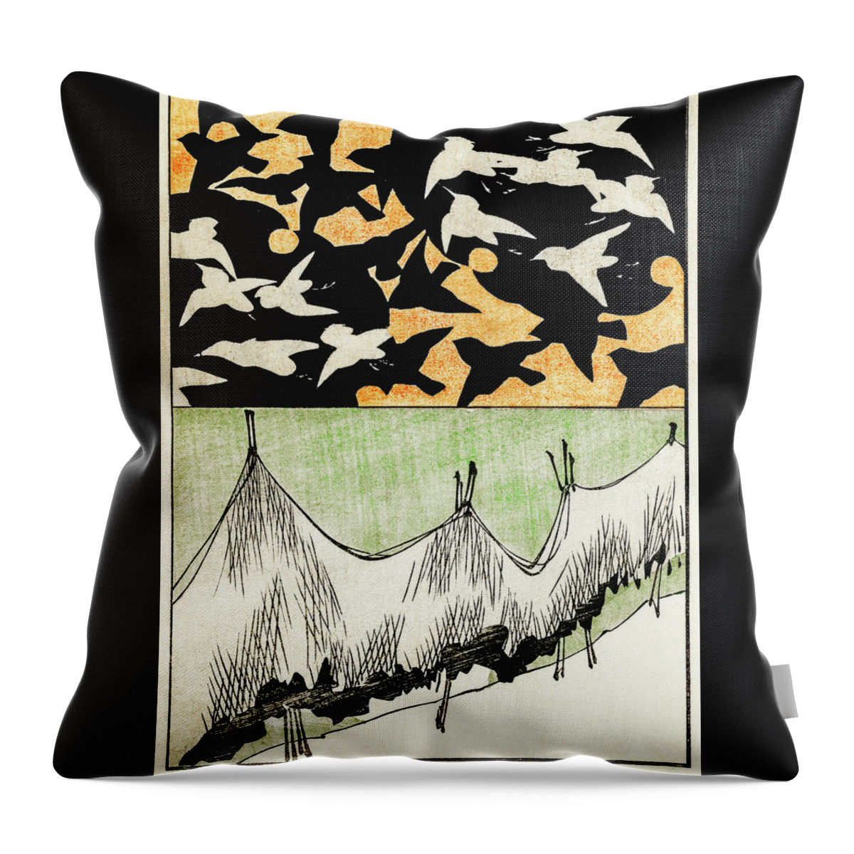 Watanabe Seitei Throw Pillow featuring the painting Birds and Net - Japanese traditional pattern design by Watanabe Seitei