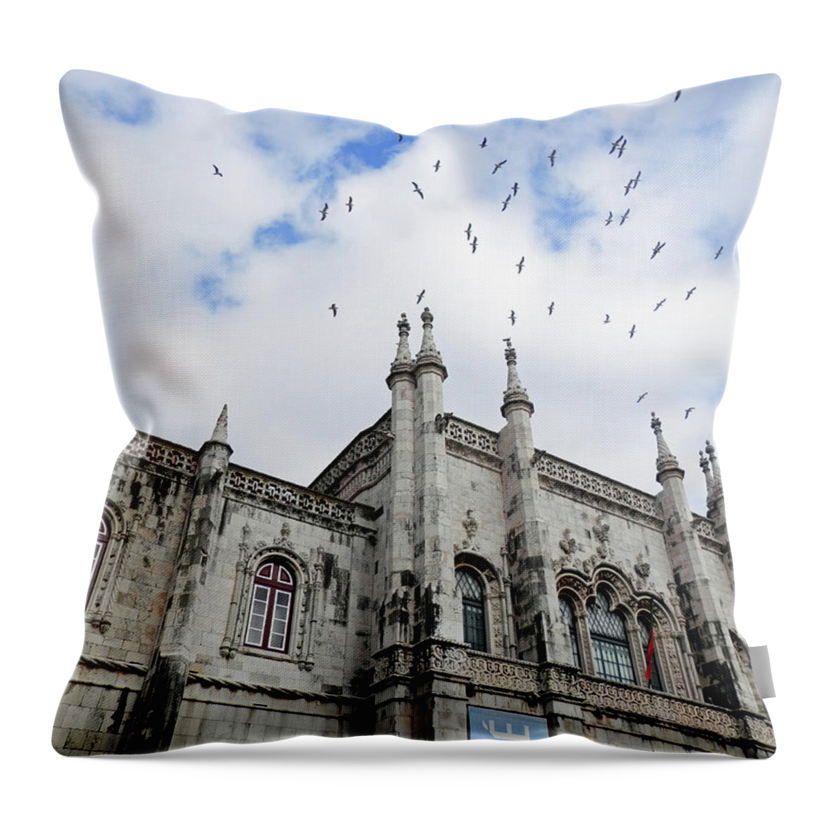 Birds Throw Pillow featuring the photograph Birds flying above Jeronimos Monastery by Pema Hou