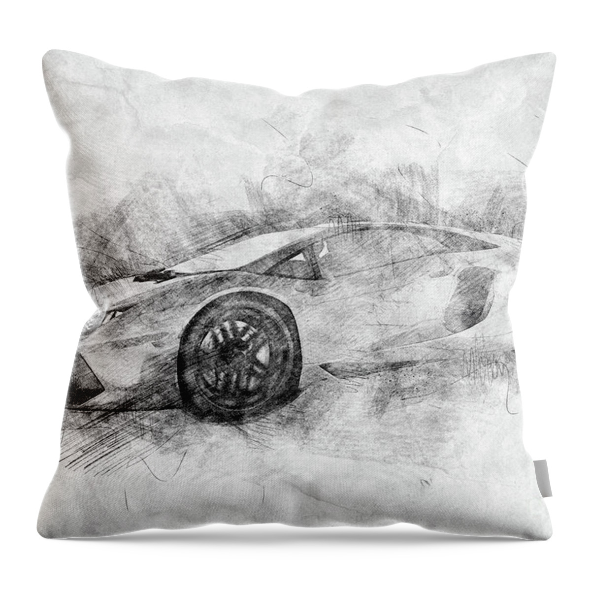 Car Throw Pillow featuring the photograph Black and white drawing of sports car. by Michal Bednarek