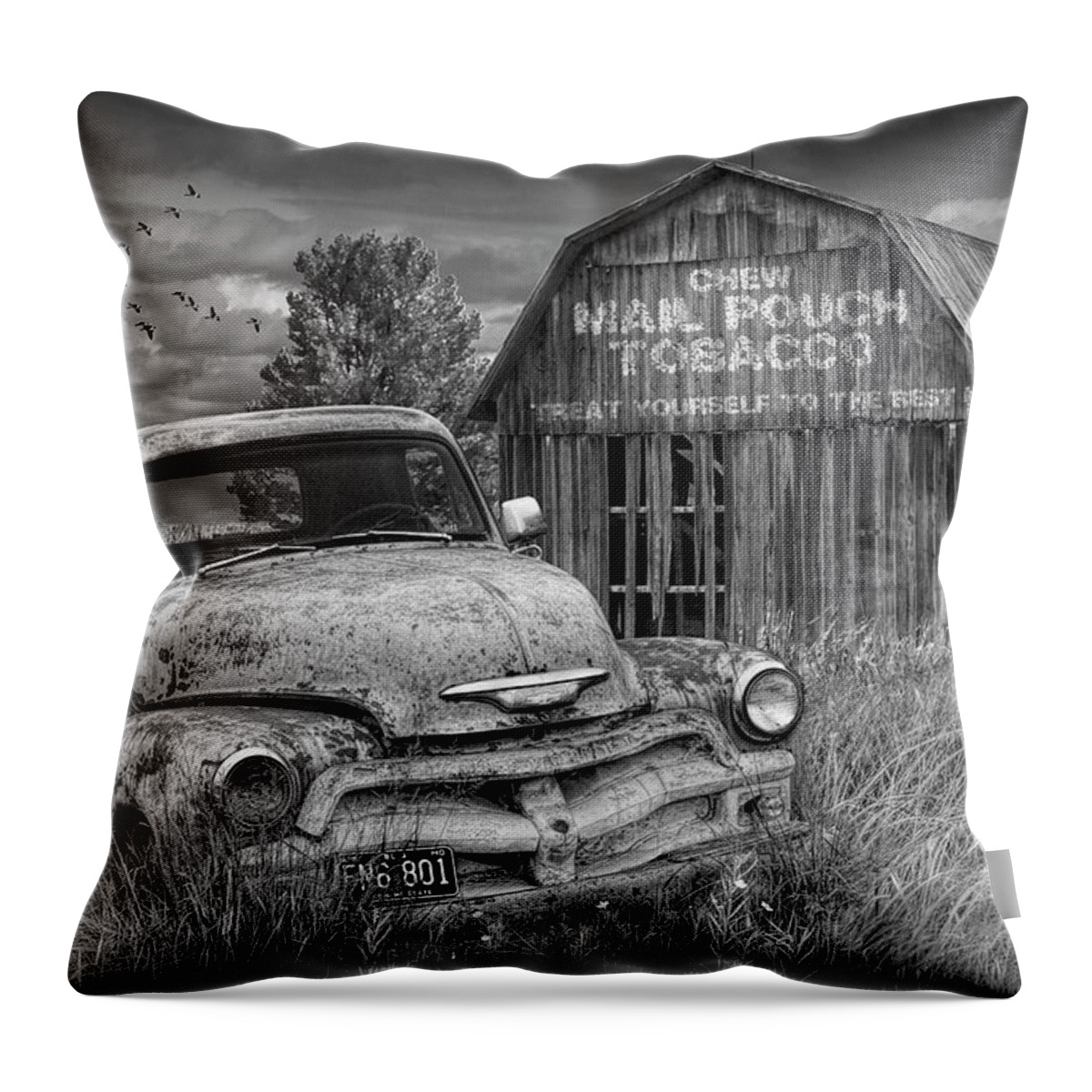Chevy Throw Pillow featuring the photograph Black and White of Rusted Chevy Pickup Truck in a Rural Landscape by a Mail Pouch Tobacco Barn by Randall Nyhof