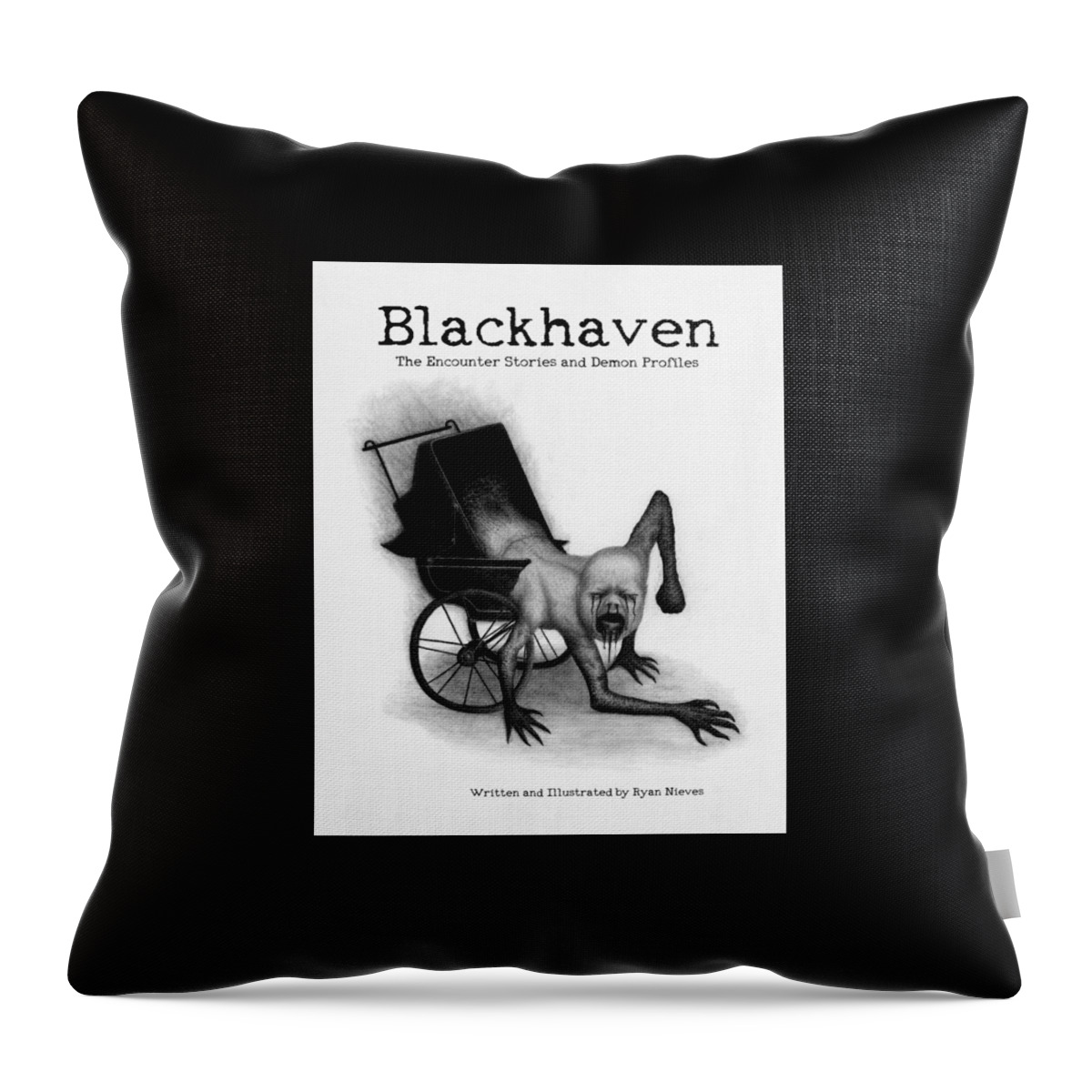 Horror Throw Pillow featuring the drawing Blackhaven The Encounter Stories And Demon Profiles Bookcover, Shirts, And Other Products by Ryan Nieves