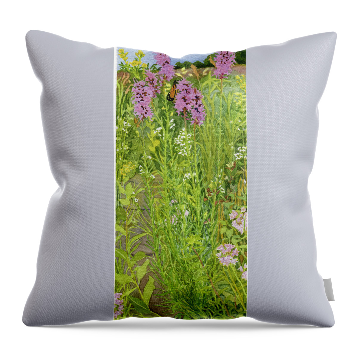 Prairie Throw Pillow featuring the painting Blazing Star and Monarch Butterfly by Alice Ann Barnes