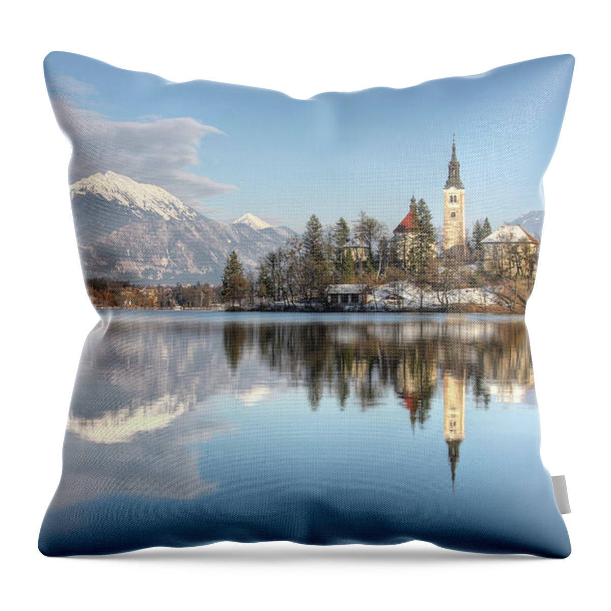 Santa Maria Church Throw Pillow featuring the photograph Bled Lake, Slovenia by Rinek