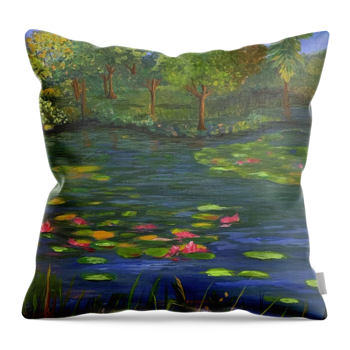 Pond. Waterlilies Throw Pillow featuring the painting Blooming Pond by Jane Ricker