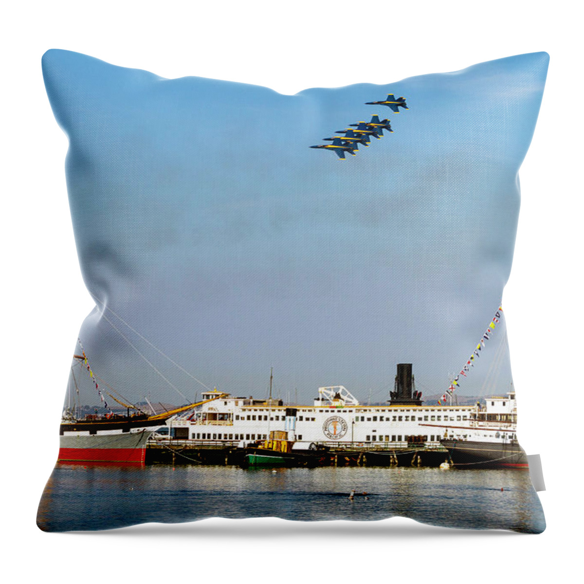 Blue Angels Throw Pillow featuring the photograph Blue Angel Formation Over Maritime Park by Bonnie Follett