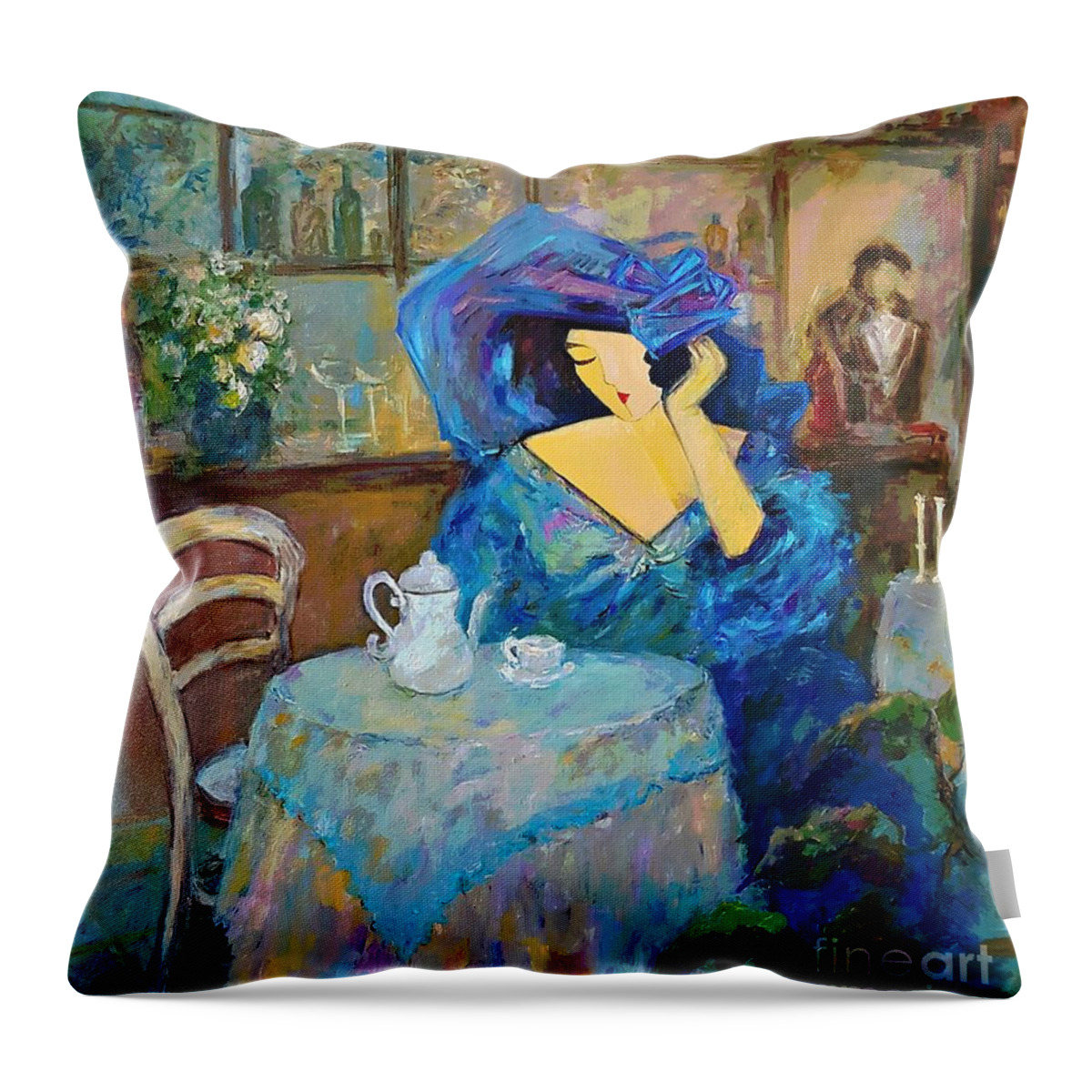 Painting Throw Pillow featuring the painting Blue Cafe by Amalia Suruceanu