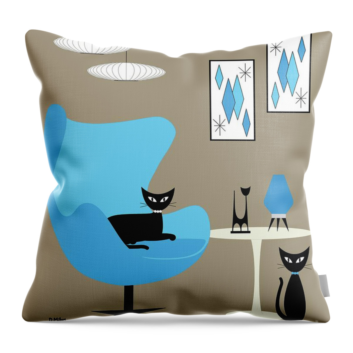 Mid Century Modern Throw Pillow featuring the digital art Blue Egg Chair with Cats by Donna Mibus