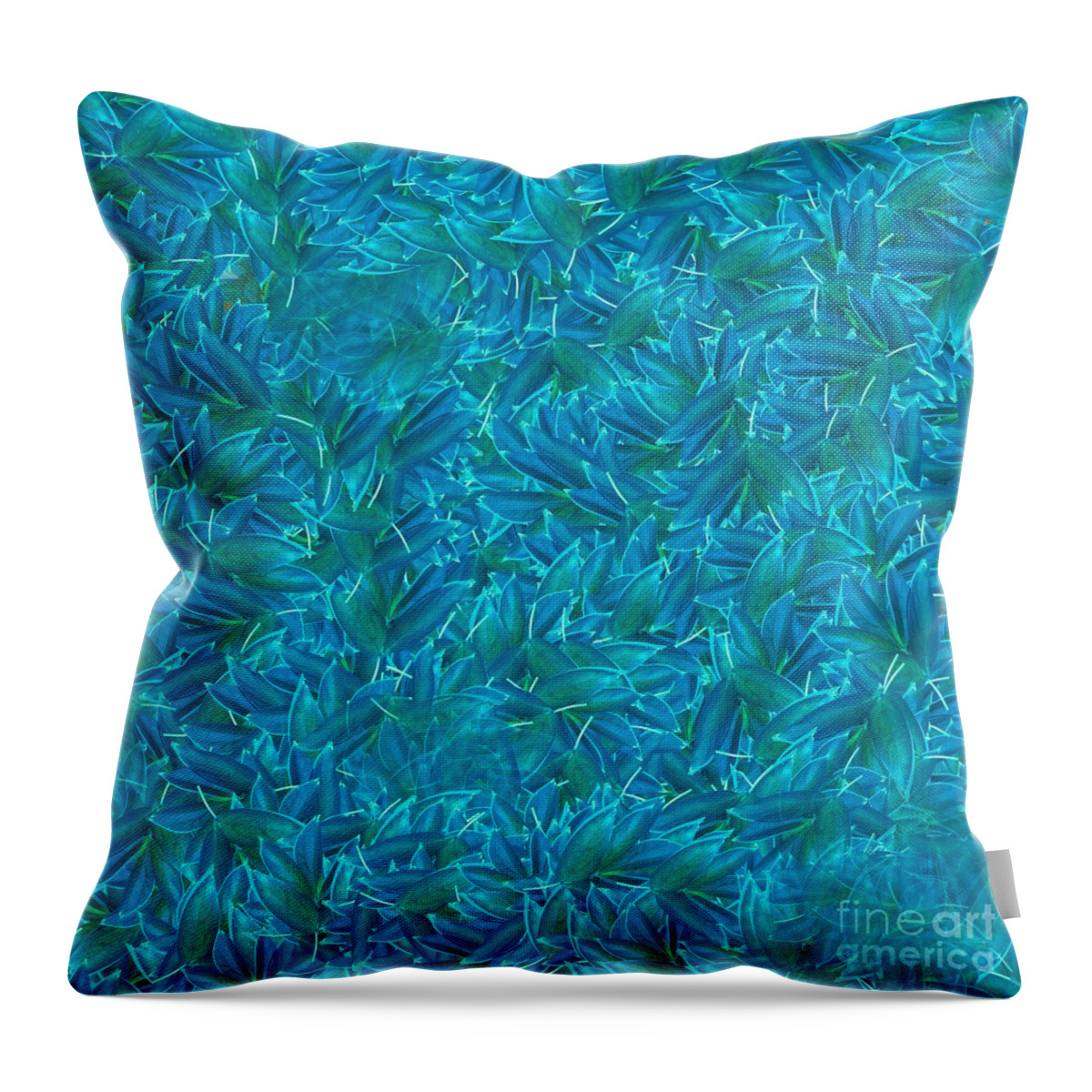 Delynn Throw Pillow featuring the mixed media Blue Green Leaves by Delynn Addams