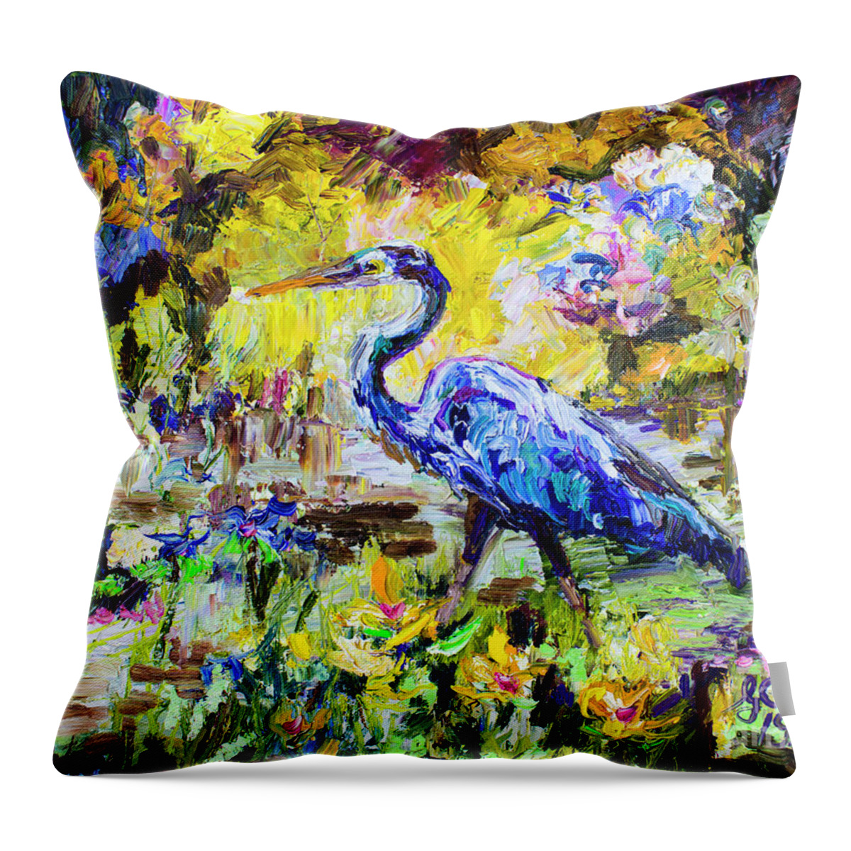 Birds Throw Pillow featuring the painting Blue Heron Wetland Magic Palette Knife Oil Painting by Ginette Callaway