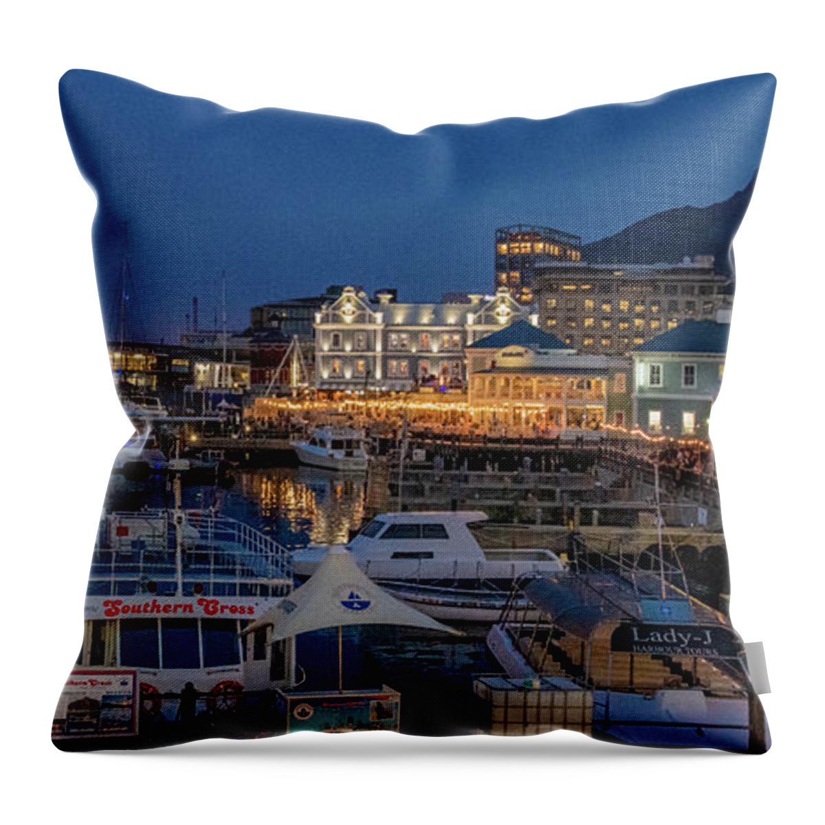 Night Photography Throw Pillow featuring the photograph Blue Hour at the Waterfront, Capetown by Marcy Wielfaert