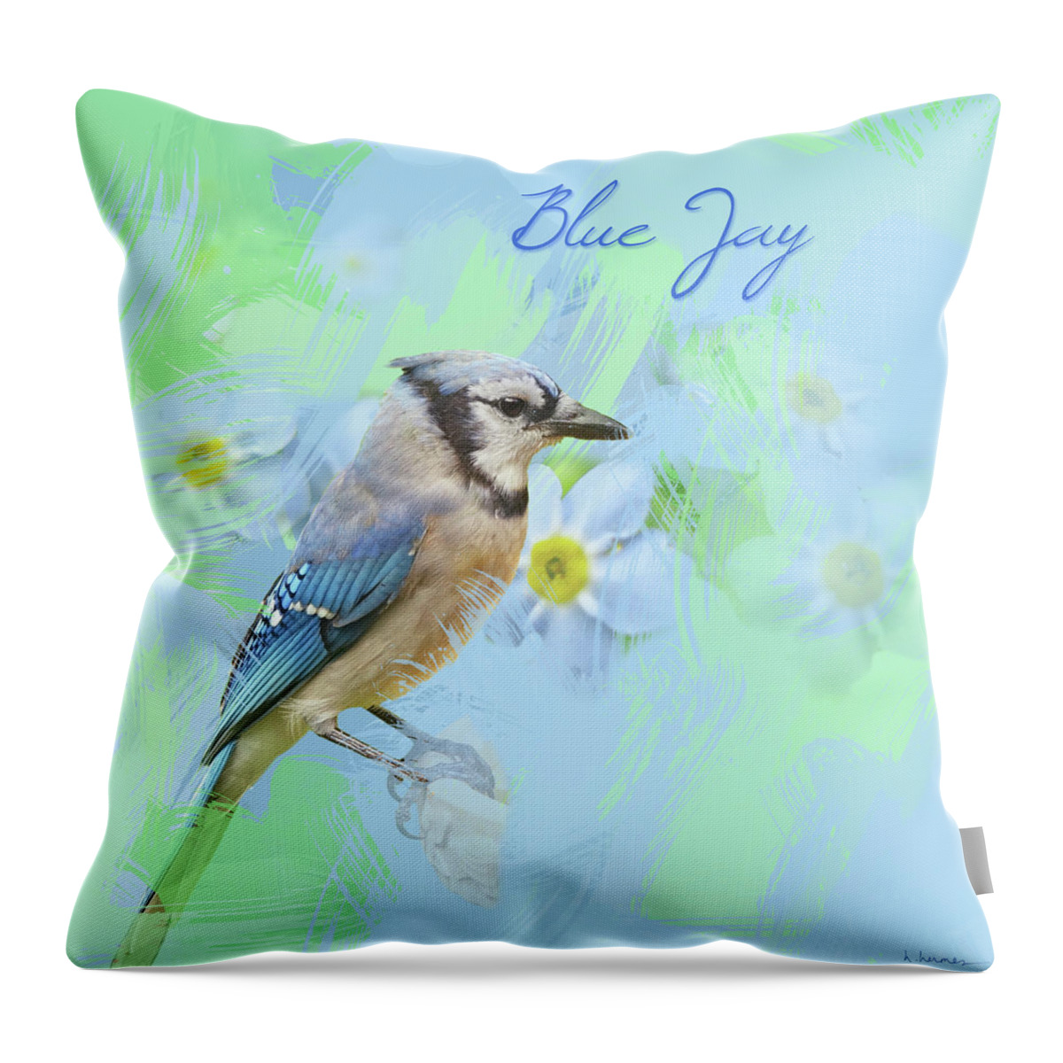 Bird Throw Pillow featuring the photograph Blue Jay Watercolor Photo with Forget Me Nots by Hermes Fine Art