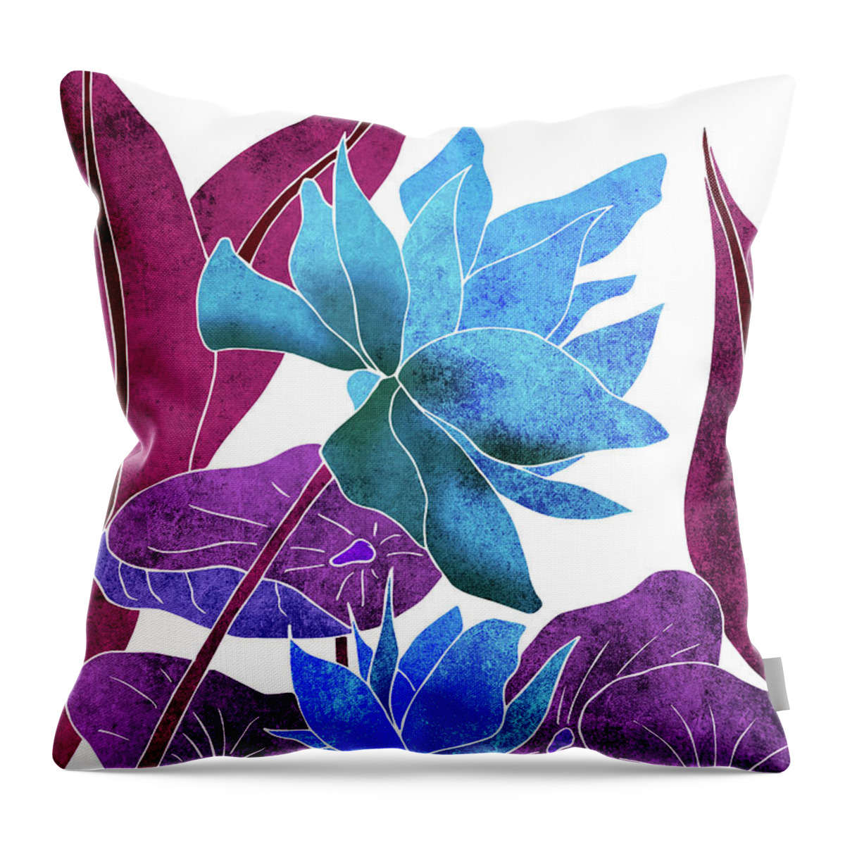 Lotus Throw Pillow featuring the mixed media Blue Lotus flower - Botanical, Floral, Tropical Art - Modern, Minimal Decor - Blue, Purple, Indigo by Studio Grafiikka
