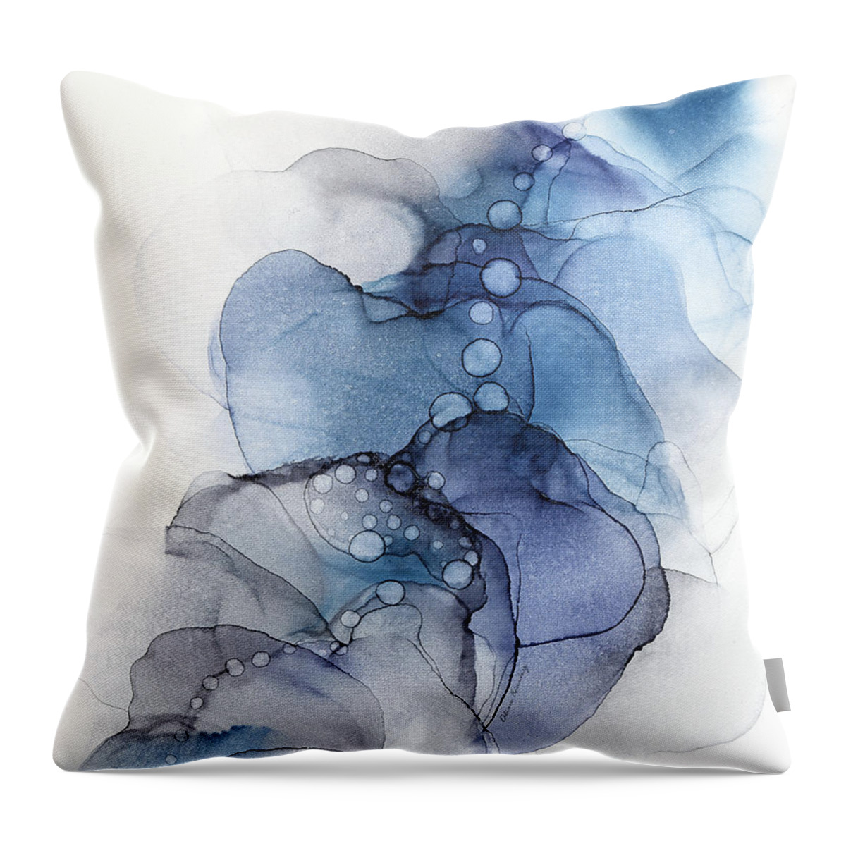 Alcohol Ink Throw Pillow featuring the painting Blue Petal Dots Whispy Abstract Painting by Alissa Beth Photography