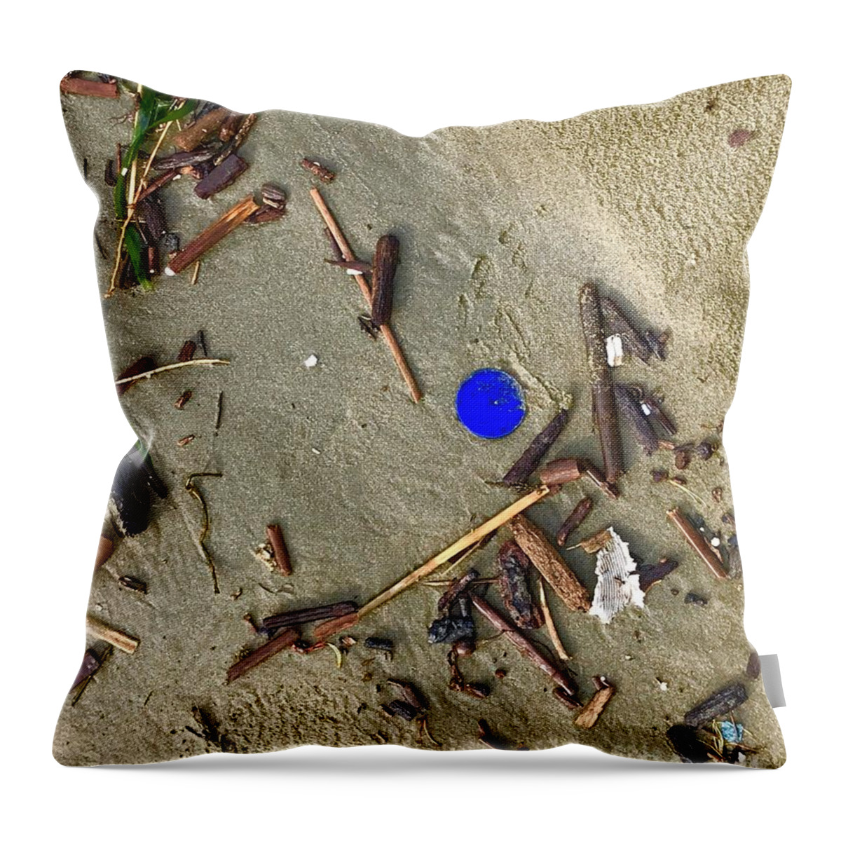 Blue Throw Pillow featuring the photograph Blue Plastic on Sand by Suzanne Lorenz