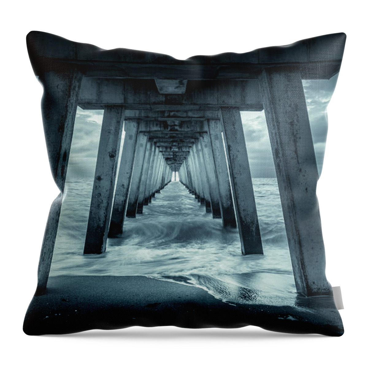 Black And White Throw Pillow featuring the photograph Blue Sunset at Venice Pier, Florida, Monochrome by Liesl Walsh