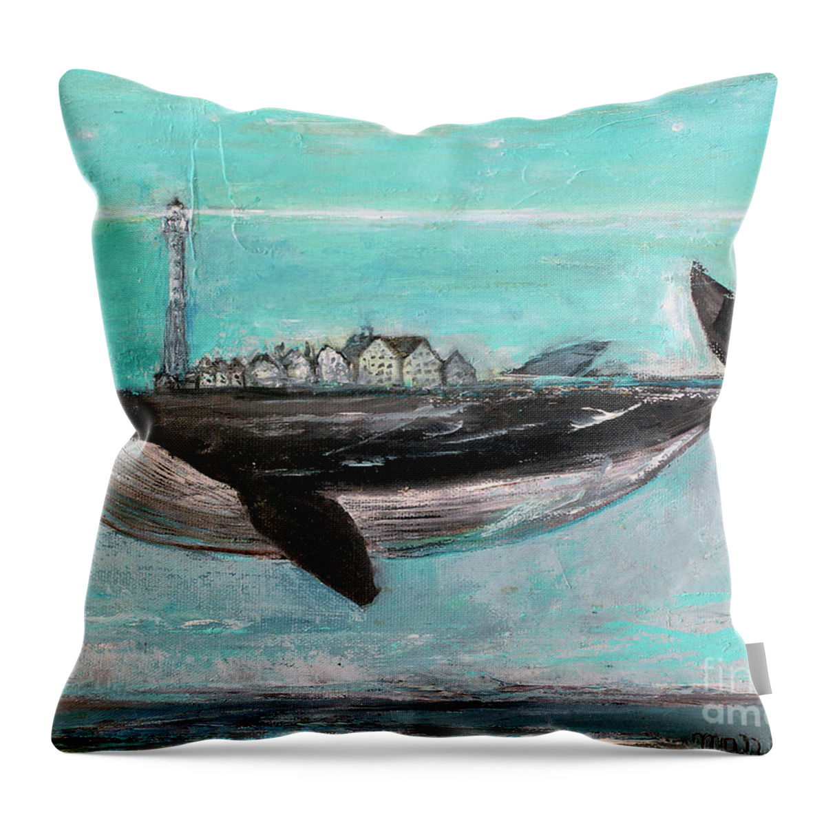 Blue. Blue Whale Throw Pillow featuring the painting Blue Whale village by Manami Lingerfelt