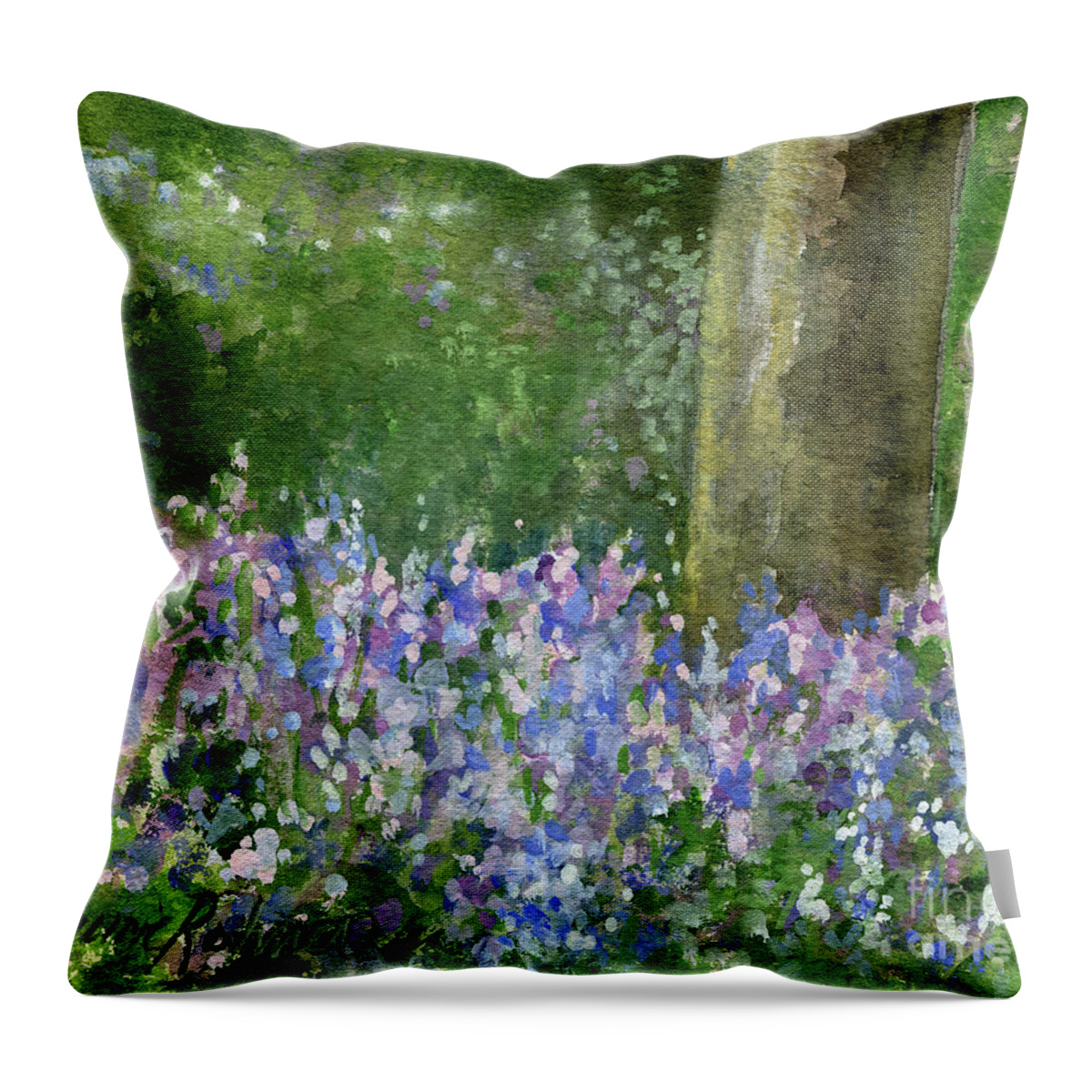 Landscape Throw Pillow featuring the painting Bluebells Under the Trees by Laurie Rohner