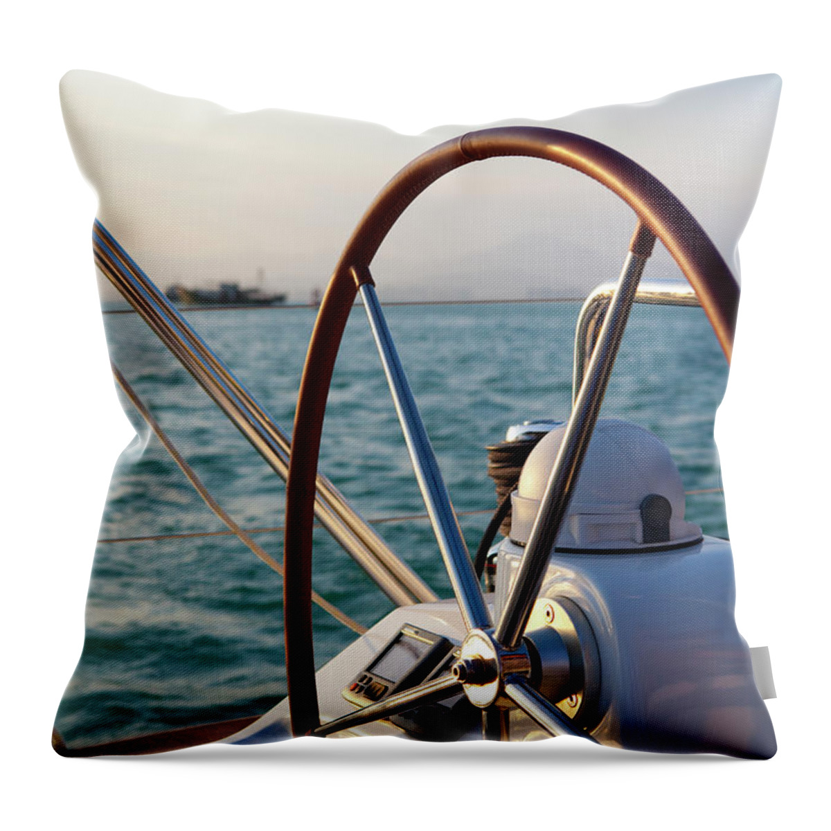 Tranquility Throw Pillow featuring the photograph Boat Steering Wheel by Lane Oatey/blue Jean Images