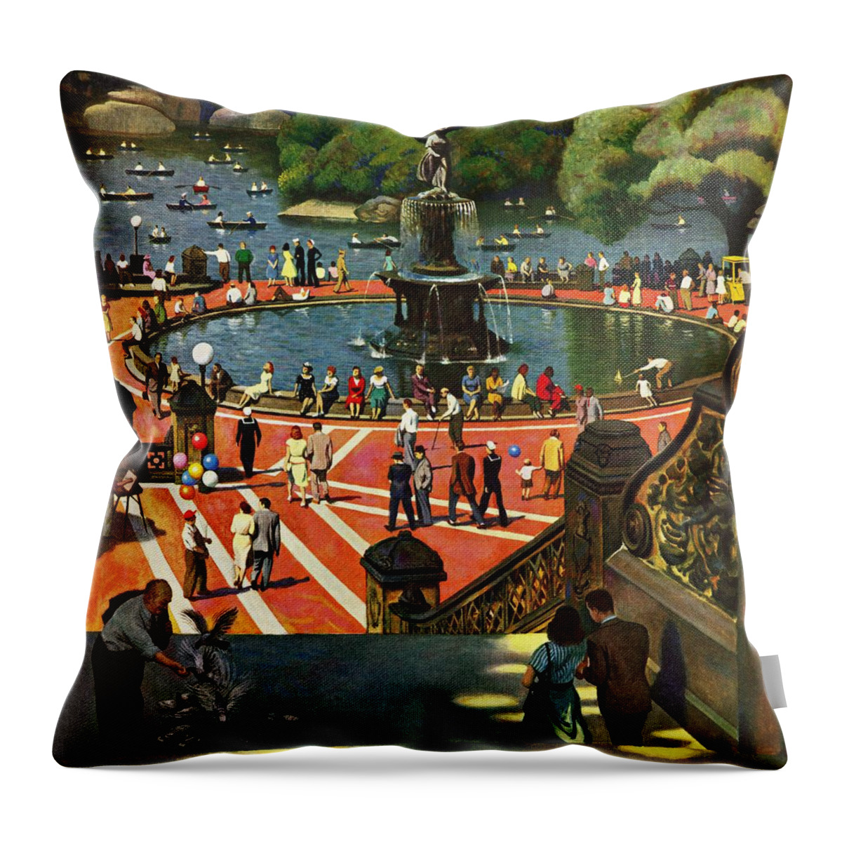 Central Park Throw Pillow featuring the drawing Boating In Central Park by John Falter
