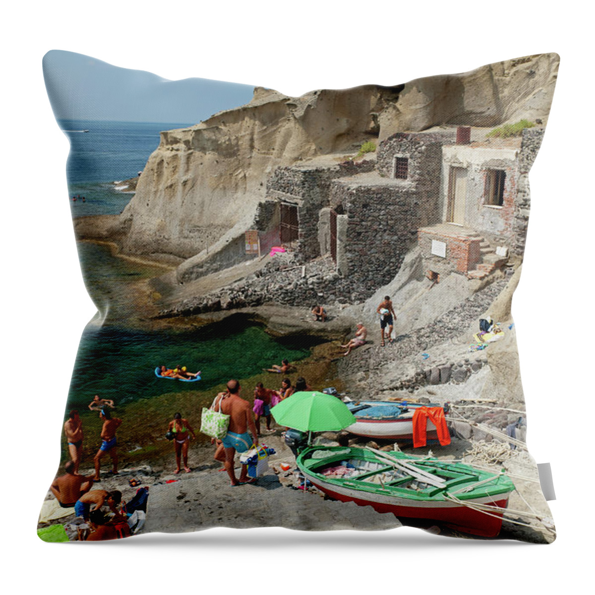 Steps Throw Pillow featuring the photograph Boatsheds, Rocky Cliffs, And People At by Dallas Stribley