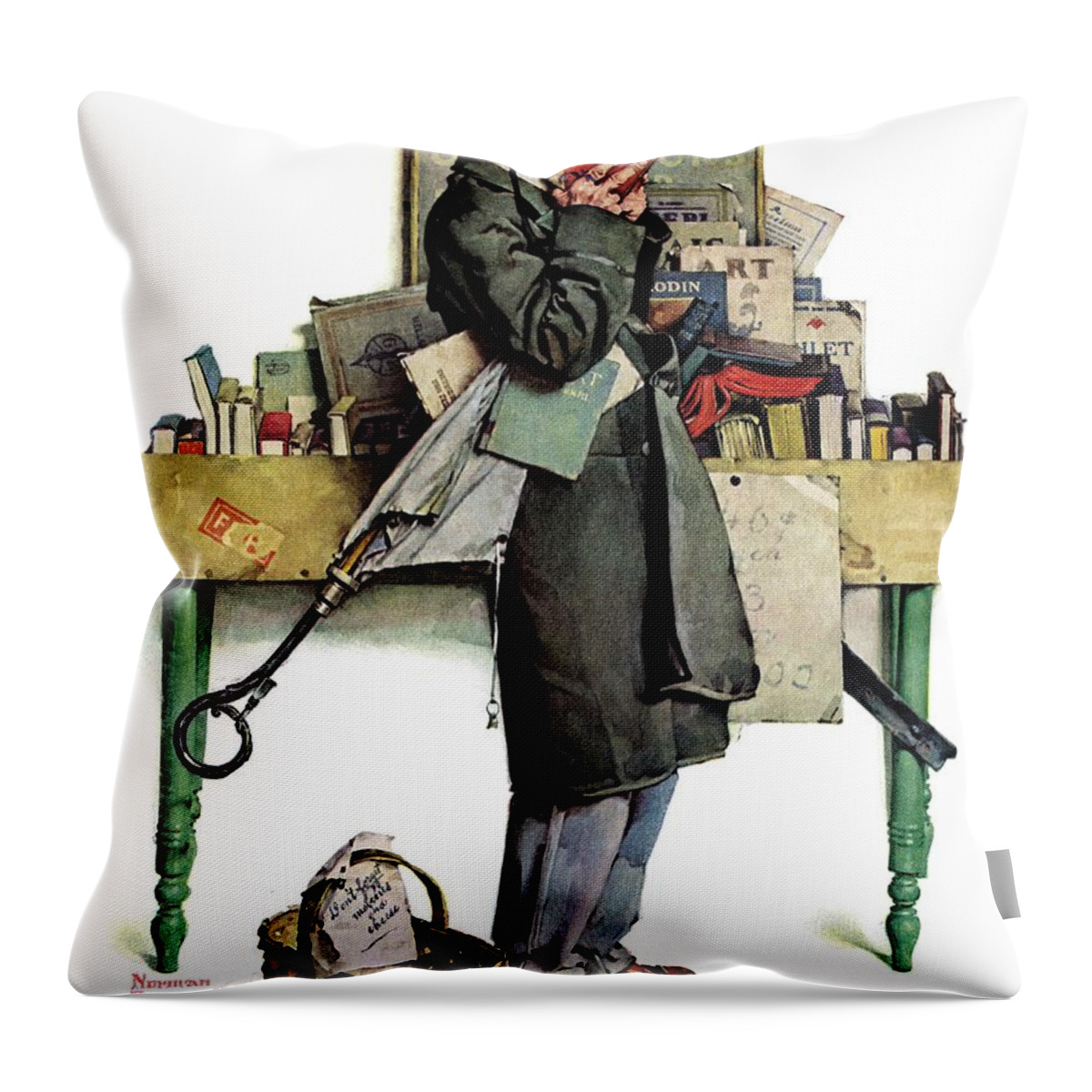 Books Throw Pillow featuring the painting Bookworm by Norman Rockwell