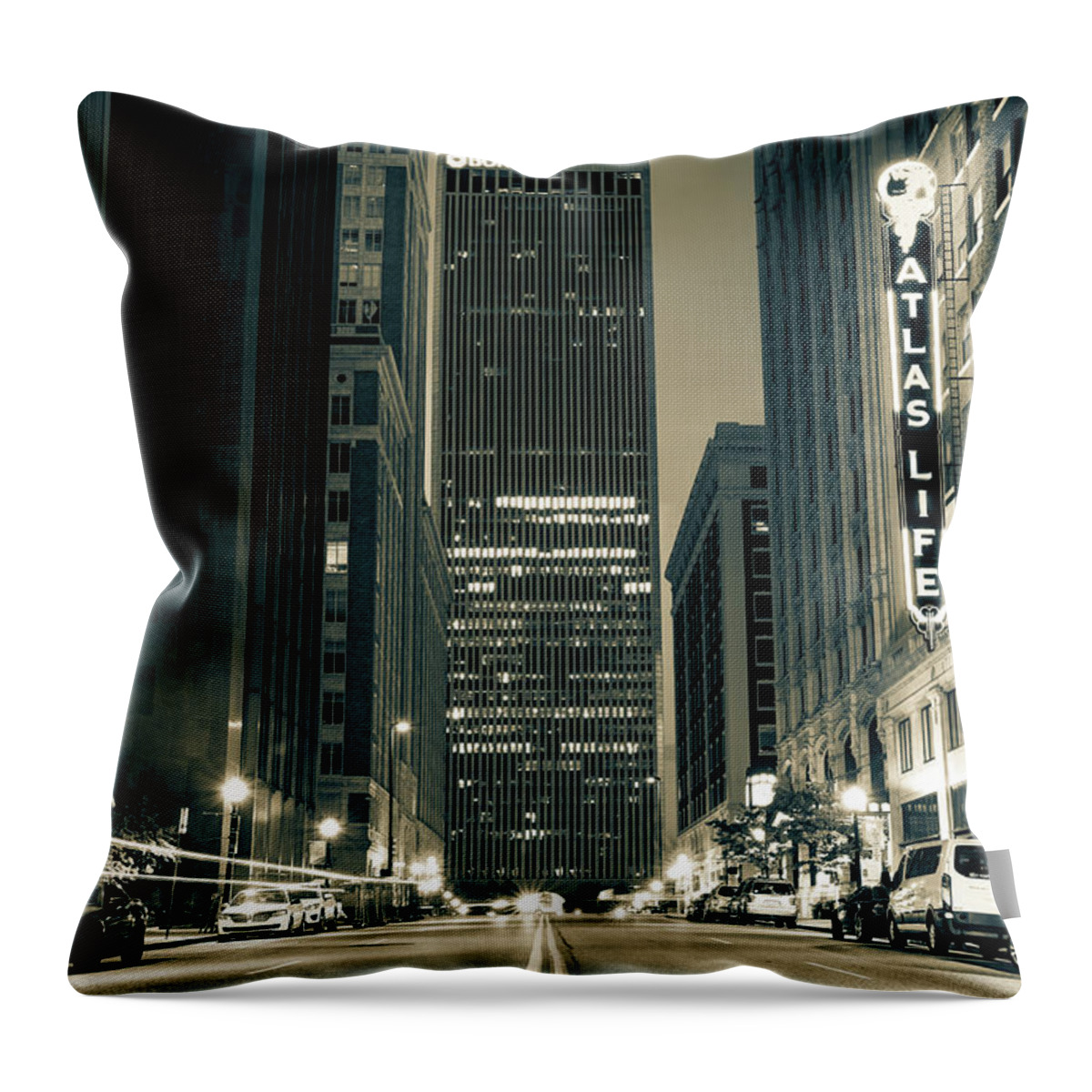 America Throw Pillow featuring the photograph Boston Avenue Street View and Atlas Life Neon - Tulsa Oklahoma Sepia by Gregory Ballos