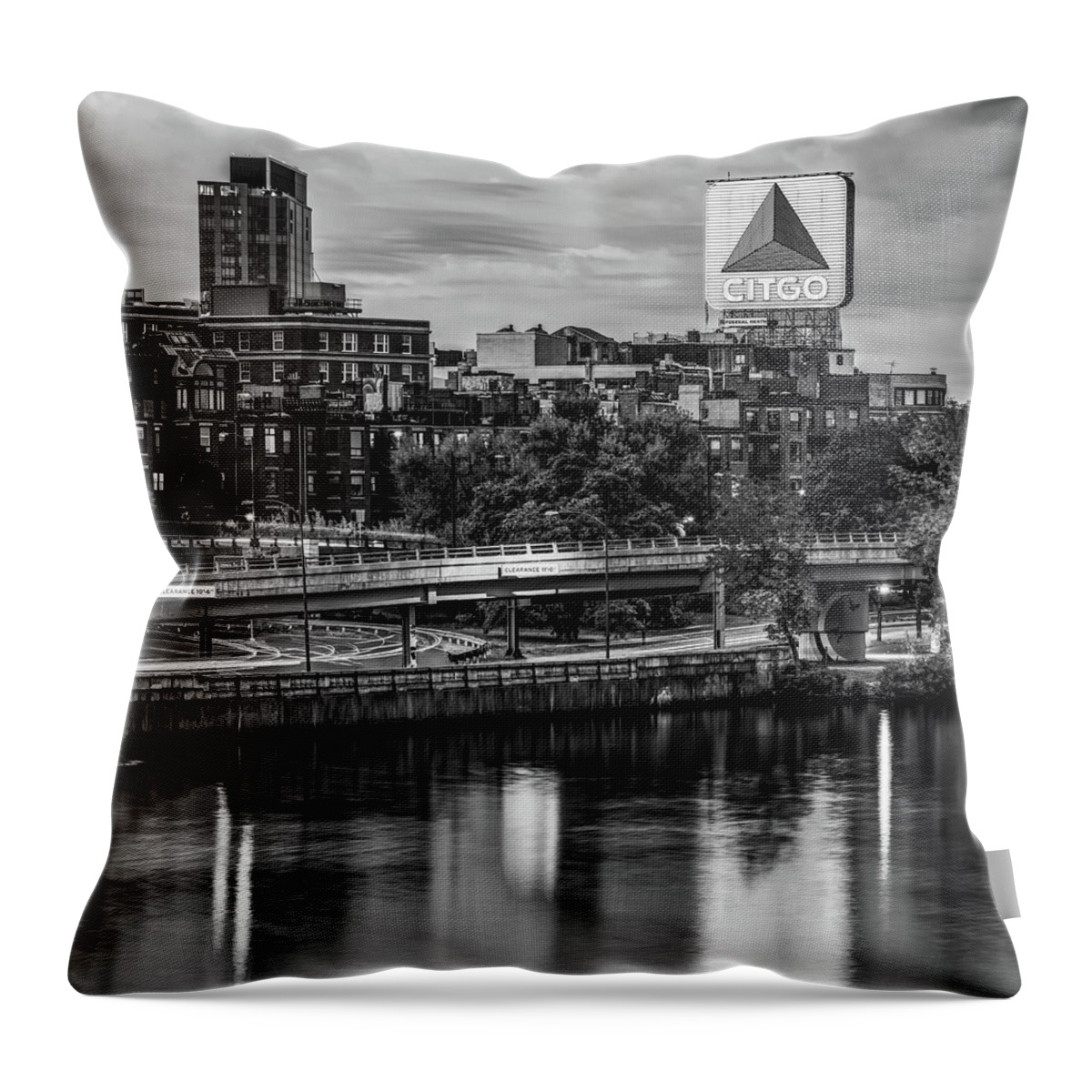 America Throw Pillow featuring the photograph Boston Citgo Sign Along the Charles River - Black and White by Gregory Ballos