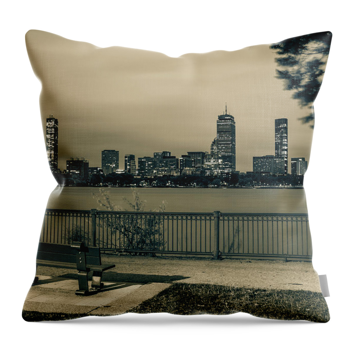 Boston Skyline Throw Pillow featuring the photograph Boston Skyline from Cambridge Parkway - Sepia Edition by Gregory Ballos