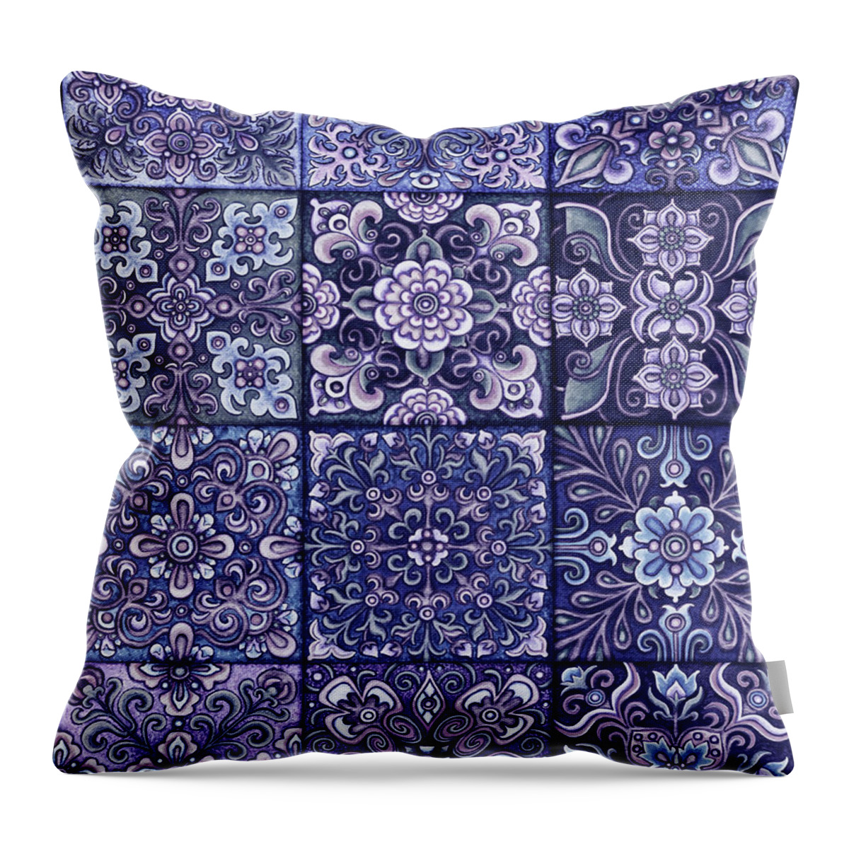 Ornamental Throw Pillow featuring the painting Botanical Mandala Tiles 3 Cool Blues by Amy E Fraser