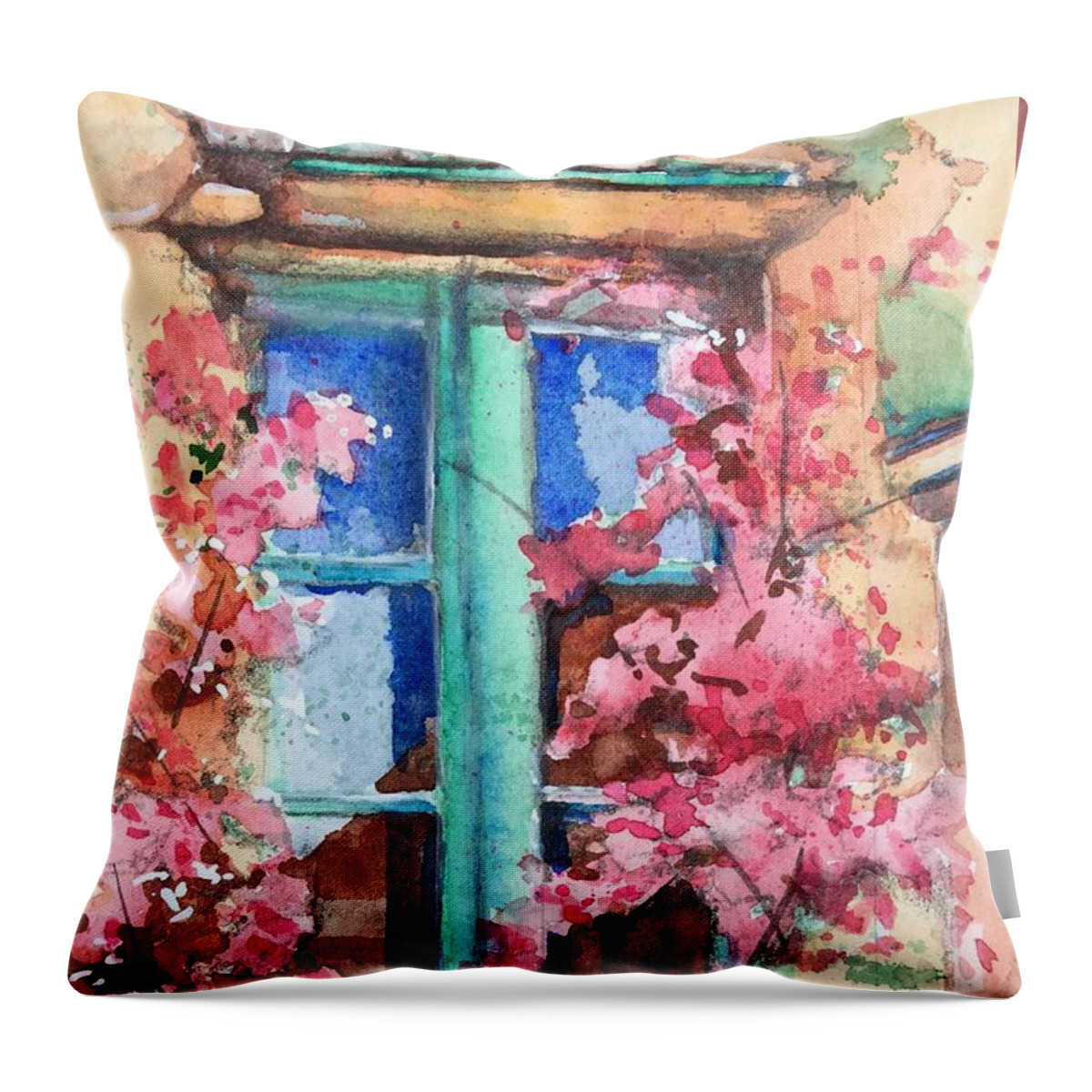 Watercolor Window Throw Pillow featuring the painting Bougainvillea reflections by Rebecca Matthews