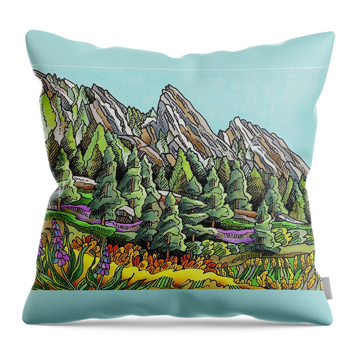 Mountains Throw Pillow featuring the drawing Boulder Flatirons Spring by Janice A Larson