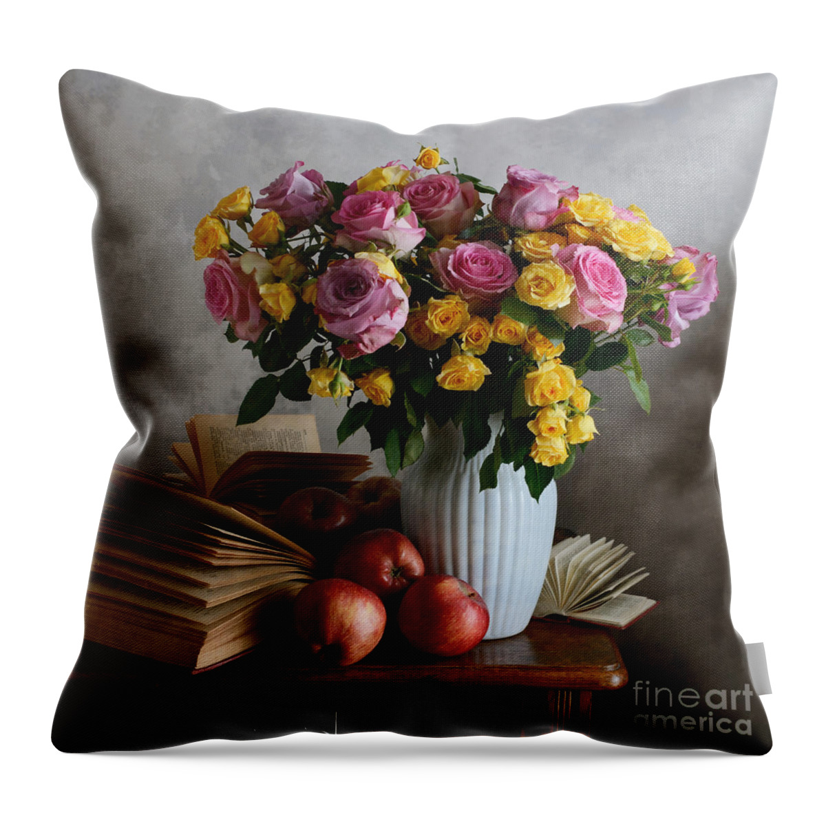 Vase Throw Pillow featuring the photograph Bouquet Of Flowers In White Vase by Nikolay Panov