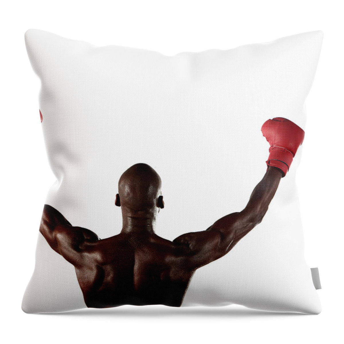 Young Men Throw Pillow featuring the photograph Boxer Cheering With Fists In Air by Moof