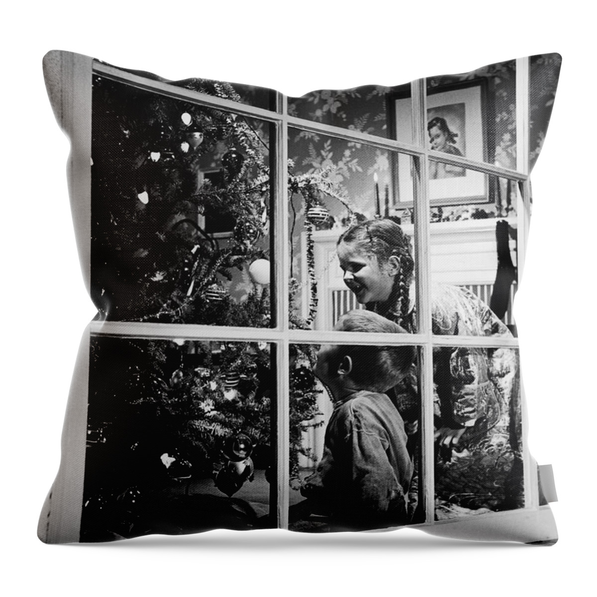 Child Throw Pillow featuring the photograph Boy And Girl 3-8 Looking At Christmas by Fpg