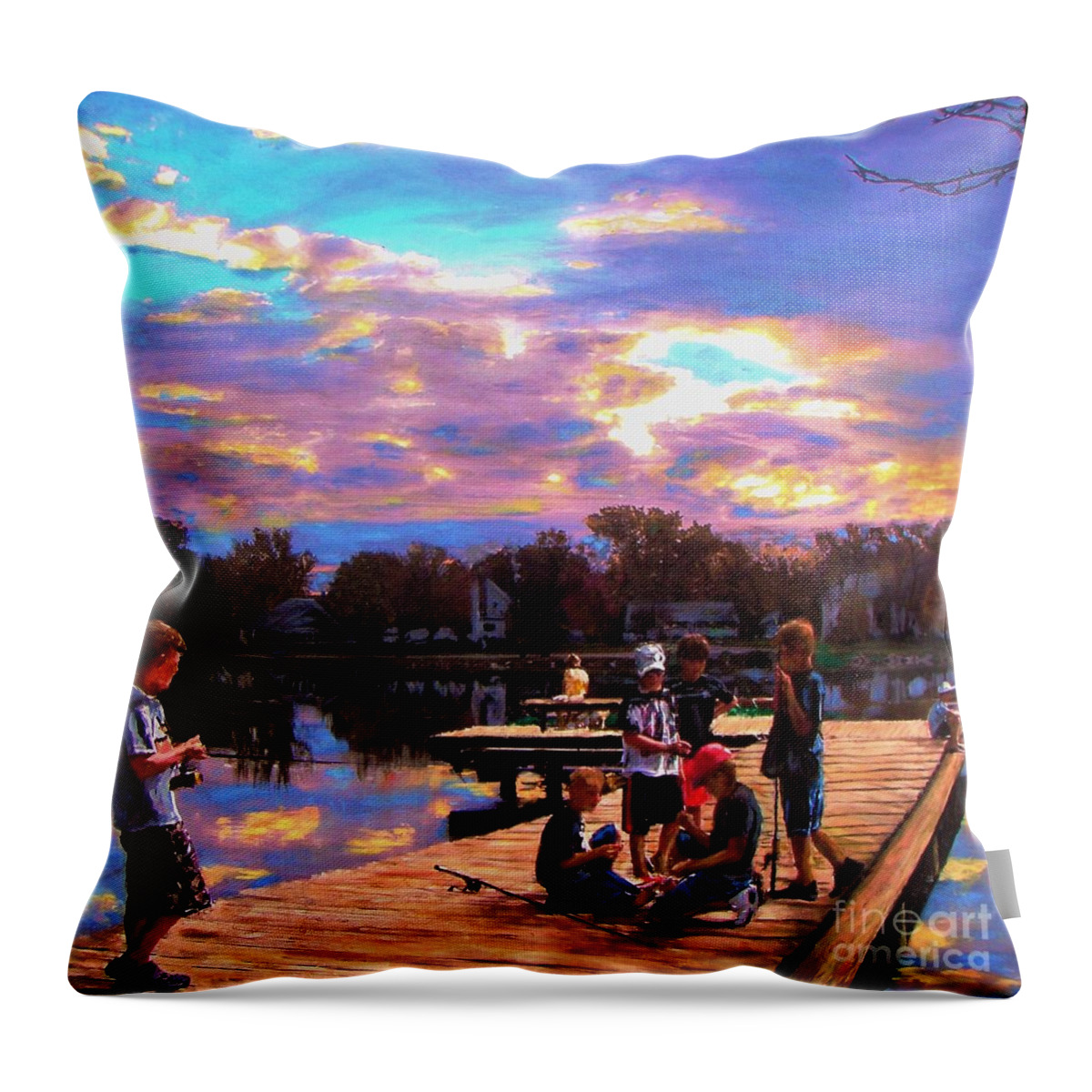 Fishing Throw Pillow featuring the painting Boys On The Dock by Randy Sprout