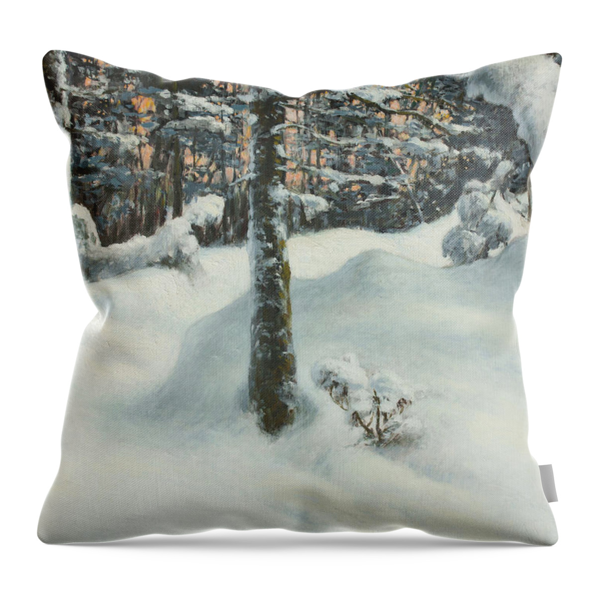 Hans Saele Throw Pillow featuring the painting Branch Heavy with Snow by Hans Egil Saele