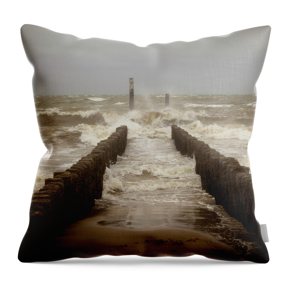 Wind Throw Pillow featuring the photograph Breakwater With Very Rough Sea by Noctiluxx
