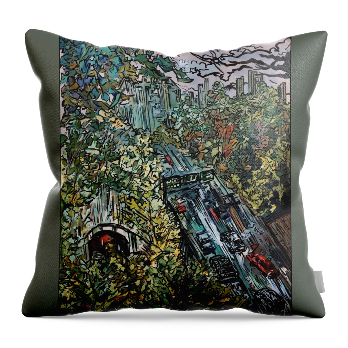 Gouache Throw Pillow featuring the painting Bridge and Tunnel by Angela Weddle