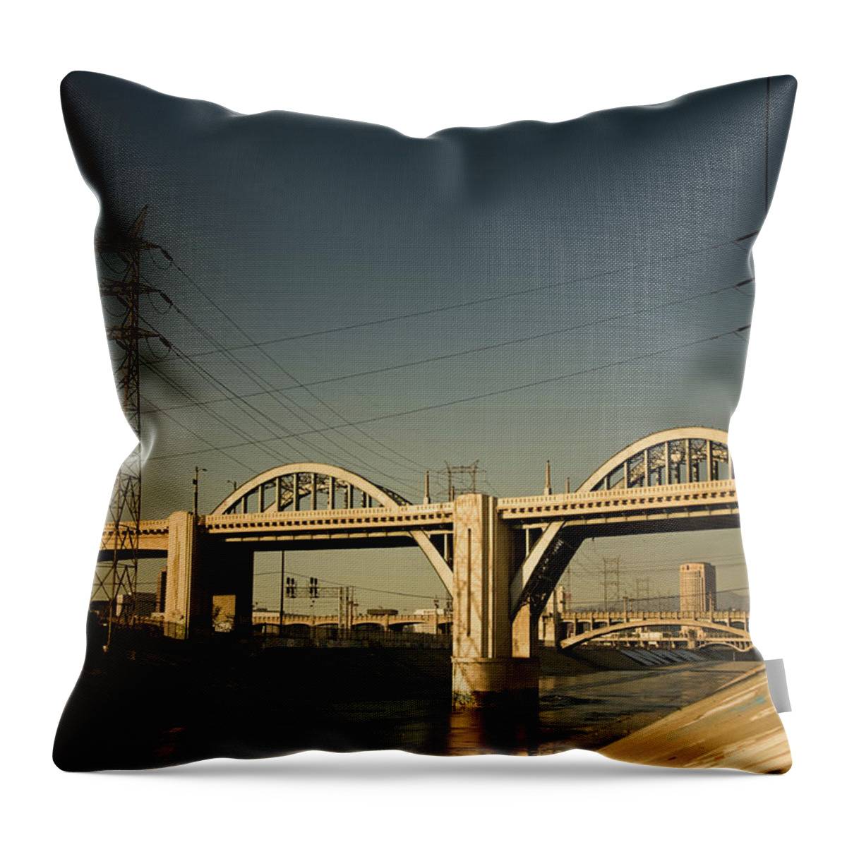 Los Angeles River Throw Pillow featuring the photograph Bridge In Downtown La by Halbergman