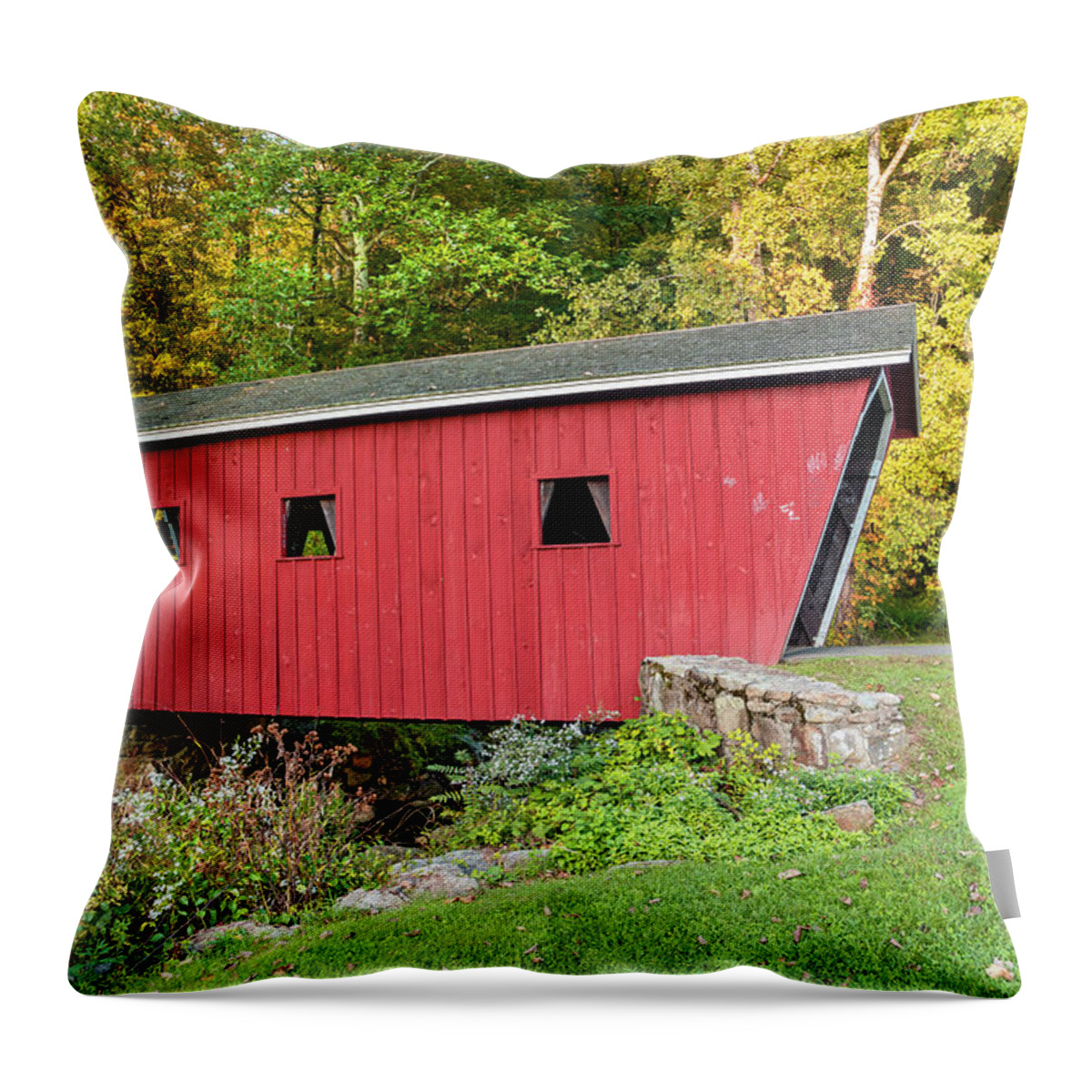 Estock Throw Pillow featuring the digital art Bridge, Kent Falls State Park, Ct by Laura Zeid