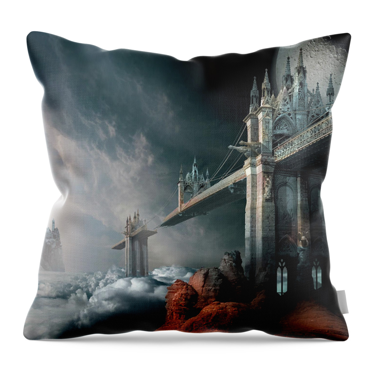 Sky Clouds Rainbow Bridge Haven Gothic Architecture Broken Island Moon Throw Pillow featuring the digital art Bridges to the Neverland by George Grie