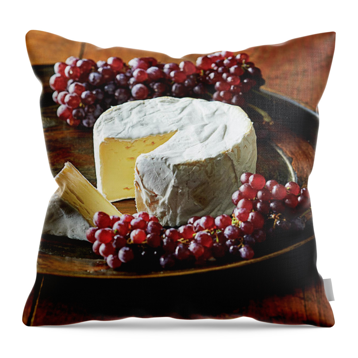 Food Throw Pillow featuring the photograph Brie with champagne grape by Cuisine at Home